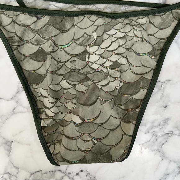 Roberto Cavalli olive green metallic mermaid print two piece string bikini swim - Picture 6 of 14